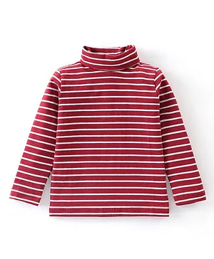 Babyhug Cotton Lycra Full Sleeves Turtle Neck T-Shirt with Stripes - Maroon & White