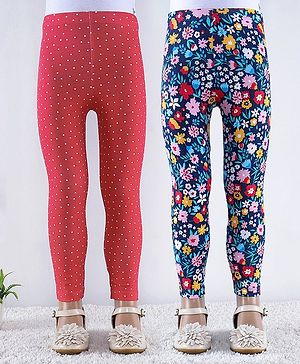 Babyhug Cotton Lycra Knit Full Length Polka Dots & Floral Printed Leggings Pack of 2 - Multicolour