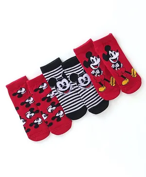 Cute Walk Disney by Babyhug Cotton Knit Ankle Length Anti Bacterial Socks Stripes & Mickey Mouse Design Pack of 3 - Red Black & Grey