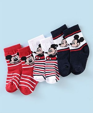 Cute Walk Disney By Babyhug Anti Bacterial Ankle Length Socks Mickey Mouse Design Pack Of 3 - Multicolour