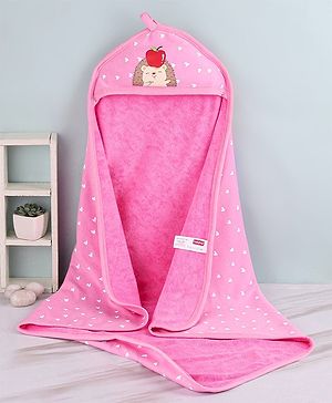 Babyhug Cotton Terry Knit Hedgehog Print Two Layer Towel with Hood L 76 x B 76 cm - Pink