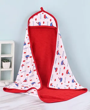 Babyhug Knit Terry Hooded Two Layer  Bath Towel with Ship Print L 76 X B 76 cm - Red