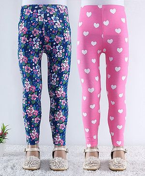 Babyhug Cotton Lycra Knit Full Length Hearts & Floral Printed Leggings Pack of 2 - Multicolour