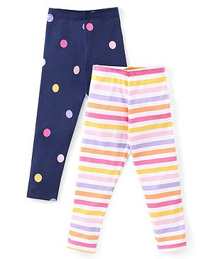 Babyhug Cotton Lycra Full Length Leggings Striped & Polka Dots Printed Pack of 2 - Blue & Multicolor
