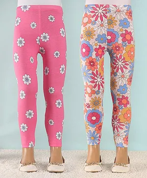 Babyhug Cotton Lycra Full Length Leggings With Stretch Floral Print Pack of 2 - Multicolor
