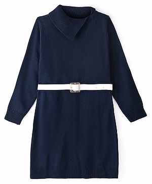 Pine Kids Full Sleeves Fine Knit Solid Woolen Dress with Belt - Navy