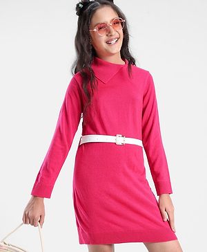 Pine Kids Full Sleeves Fine Knit Solid Color Sweater Dress with Belt - Pink