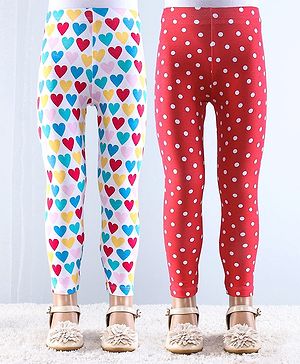Babyhug Cotton Lycra Knit Full Length Leggings with Stretch & Polka Dots Print Pack of 2 - Red & White
