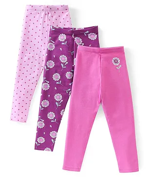 Babyhug Cotton Lycra Full Length Leggings Polka Dots & Floral Printed Pack of 3 - Pink & Purple