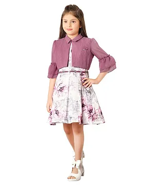 TINY BABY Three Fourth Bell Sleeves Collared Jacket With Seamless Floral Printed Fit & Flare Dress - Wine Purple
