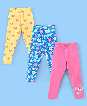 Babyhug Cotton Lycra Full Length Floral & Heart Printed Leggings Pack of 3 - Multicolour
