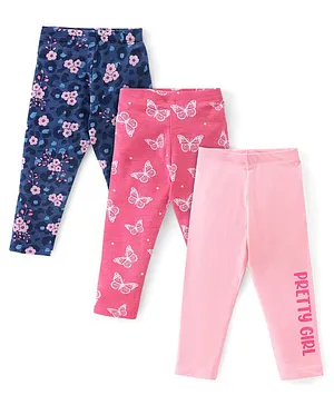 Babyhug Cotton Lycra Full Length Leggings Floral & Butterfly Print Pack of 3 - Pink & Blue