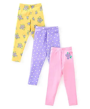 Babyhug Cotton Lycra Full Length Leggings Floral  Print Pack of 3 - Pink Yellow & Purple