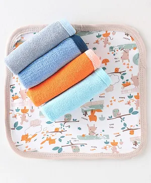 OHMS Cotton Terry Knit Hand & Face Towel Jungle Print Pack of 5 - Orange Blue & White
