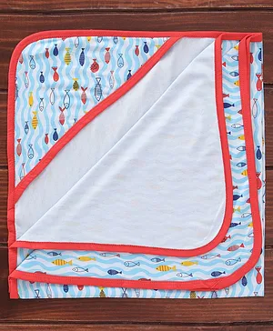 OHMS Interlock Cotton Hooded Wrapper Fish Print L 75 x B 75 cm - Blue