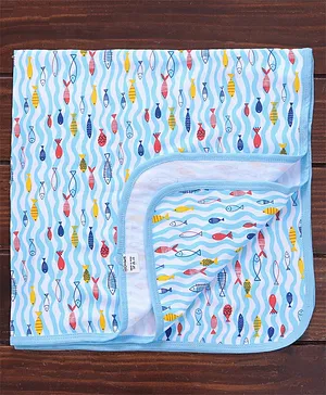 OHMS Interlock Cotton Hooded Wrapper Fish Print L 75 x B 75 cm -Blue