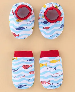 OHMS Interlock Knit Mittens and Booties Fish Print - Blue & Red