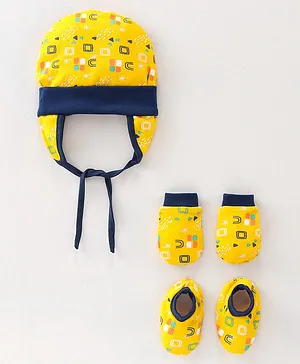 OHMS Interlock Knit Square Print Tie Knot Caps Mittens & Booties Yellow - Diameter 10 cm