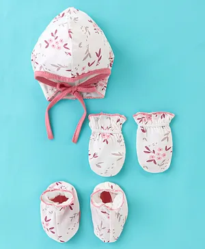 OHMS Interlock Knit Cap Mitten & Booties Set Floral Print Pink - Diameter 16 cm