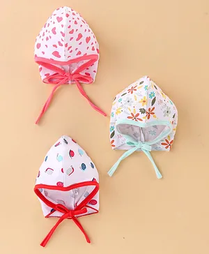 OHMS Interlock Knit Tie Knot Baby Caps Heart Print Pack of 3 Multicolour - Diameter 17 cm