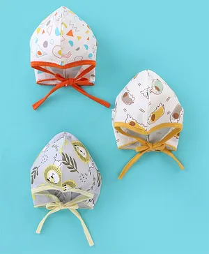 OHMS Interlock Knit Tie Knot Baby Caps Elephant Print Pack of 3 Multicolour - Diameter 17 cm