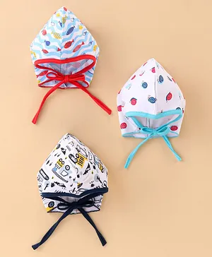 OHMS Interlock Knit Tie Knot Baby Caps Fish Print Pack of 3 Multicolour - Diameter 17 cm