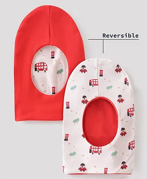 OHMS Cotton Knit Teddy & Bus Printed Reversible Monkey Cap Red  - Diameter 11 cm