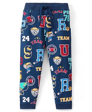 Babyhug Full Length Cotton Looper Lounge Pant Varsity Print - Navy Blue