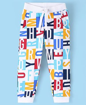 Babyhug Cotton Looper Alphabets Printed Full Length Lounge Pant - White
