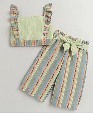 M'andy Sleeveless Frill Detailed Top With Coordinating Striped Pattern Designed Pant & Belt - Green