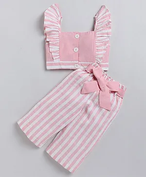 M'andy Sleeveless Frill Detailed Awning Striped Top With Coordinating Pant - Pink