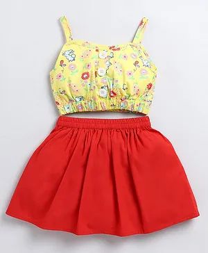 M'andy Sleeveless Rabbit & Floral Printed Top With  Pleated Skirt- Yellow & Red