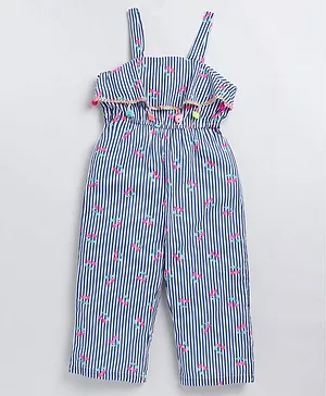 M'andy Girls Sleeveless Cherry Printed & Striped Jumpsuit - Blue