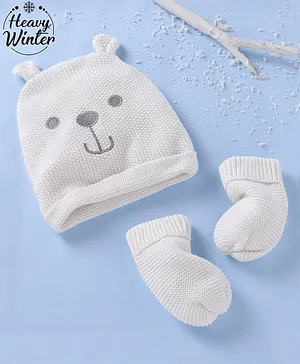 Babyoye 100% Cotton Eco Conscious Bear Print Caps & Gloves Set White -  Diameter 13.5 cm