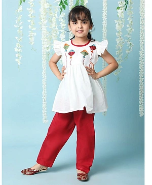 KID1 Frill Cap Sleeves Patang Embroidered Peplum Kurta With Salwar - White