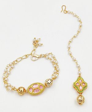 Lime By Manika Missal Kundan Maang Teeka & Bracelet -  Pink