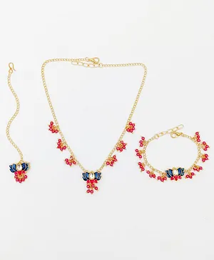 Lime By Manika Set Of 3 Meenakari Lotus Embellished Jewellery Set - Red & Blue