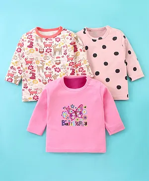 Kidi Wav Pack Of 3 Full Sleeves Seamless Animals & Polka Dots Printed Tees - Pink