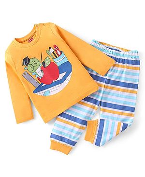Babyhug Cotton Knit Full Sleeves Night Suit With Caterpillar Print - Yellow