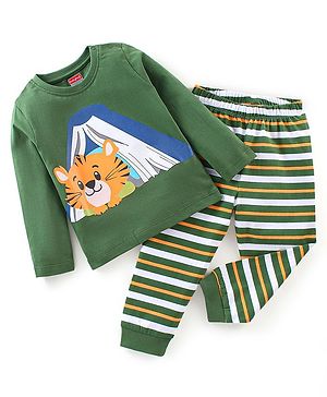 Babyhug Cotton Knit Full Sleeves Tiger Printed Night Suit - Green