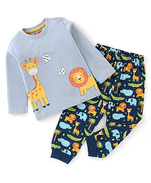 Babyhug Cotton Knit Full Sleeves Lion & Giraffe  Printed Night Suit - Blue