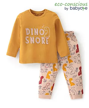 Babyoye 100% Cotton With Antibacterial Finish Nightsuit With Text Print - Brown & Yellow
