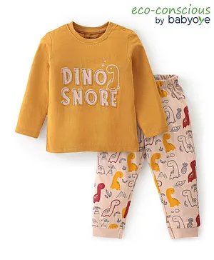 Babyoye 100% Cotton With Antibacterial Finish Nightsuit With Text Print - Brown & Yellow