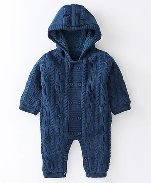 Yellow Apple Cableknit Full Sleeves Winter Wear Romper With Hood and Front Opening Buttons - Airforce Blue