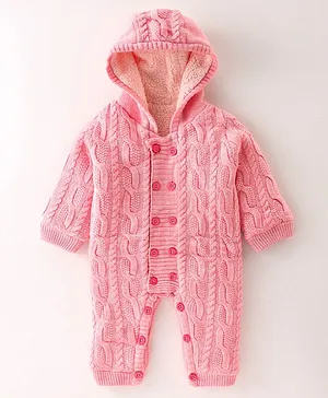 Yellow Apple Knitted Full Sleeves Winter Wear Front Open Hooded Romper with Cable Knit Design - Pink