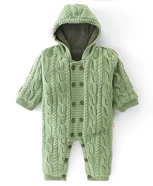 Yellow Apple Knitted Full Sleeves Winter Wear Front Open Hooded Romper with Cable Knit Design - Pistachio Green