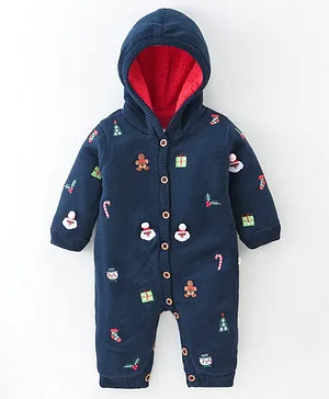 Yellow Apple Full Sleeves Winter Wear Hooded Romper Santa Print - Navy Blue