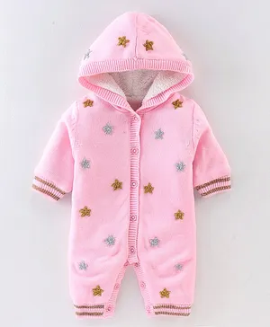 Yellow Apple Winter Wear Hooded Full Sleeves Romper with Stars Glitter Print - Pink