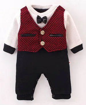 Yellow Apple Acrylic Cotton Knit DC Full Sleeves Party Romper with Attached Waist Coat and Bow Detailing Floral Print - Black