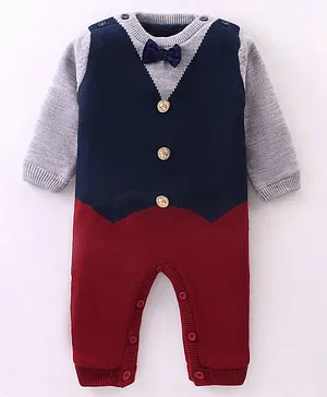 Yellow Apple Acrylic DC Full Sleeves Winter Wear Romper With Bow-   Navy Blue